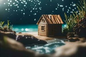 uma pequeno de madeira casa em a de praia com água e chuva. gerado por IA foto