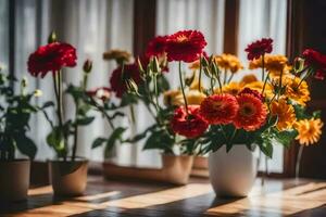 flores dentro vasos em uma mesa. gerado por IA foto