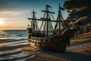 uma pirata navio em a de praia às pôr do sol. gerado por IA foto