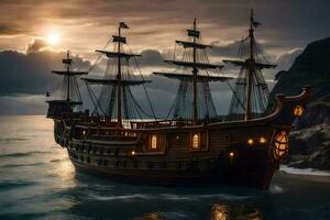 uma pirata navio dentro a oceano às pôr do sol. gerado por IA foto