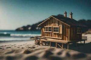 uma miniatura de madeira casa em a de praia. gerado por IA foto