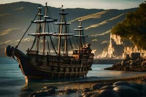 uma pirata navio é ancorado em a costa. gerado por IA foto