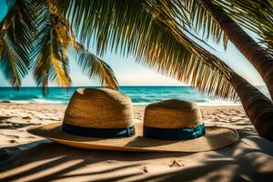 dois Palha chapéus em a de praia. gerado por IA foto