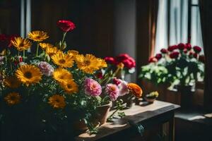 uma mesa com flores dentro frente do uma janela. gerado por IA foto