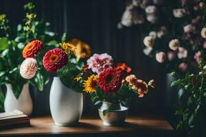 flores dentro vasos em uma mesa. gerado por IA foto