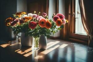 flores dentro vasos em uma de madeira chão. gerado por IA foto