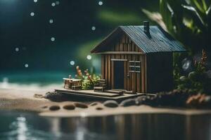 uma miniatura casa em a de praia às noite. gerado por IA foto