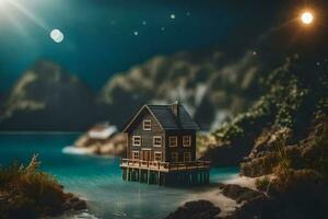 uma miniatura casa em uma cais dentro a oceano. gerado por IA foto