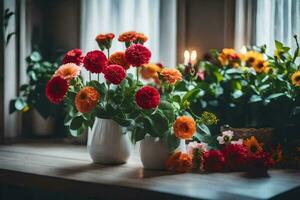 flores dentro vasos em uma mesa. gerado por IA foto