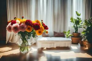 uma vaso do flores sentado em uma mesa dentro frente do uma janela. gerado por IA foto