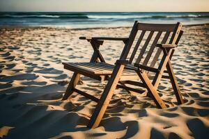 uma de madeira cadeira senta em a de praia às pôr do sol. gerado por IA foto