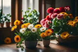 flores dentro panelas em uma peitoril da janela. gerado por IA foto