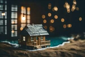 uma miniatura casa em a de praia às noite. gerado por IA foto