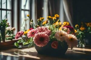 uma vaso do flores sentado em uma mesa dentro frente do uma janela. gerado por IA foto