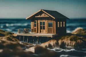 uma miniatura casa em a pedras de a oceano. gerado por IA foto