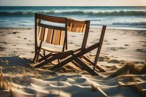 dois cadeiras sentado em a de praia às pôr do sol. gerado por IA foto