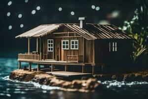 uma miniatura de madeira casa em uma pequeno ilha. gerado por IA foto