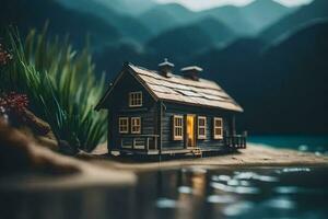 uma miniatura casa em a costa do uma lago. gerado por IA foto