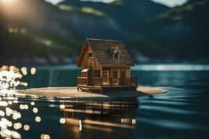 uma pequeno casa em uma pequeno ilha dentro a meio do a água. gerado por IA foto