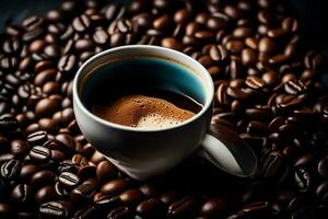 uma copo do café é cercado de café feijões. gerado por IA foto
