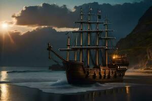 uma pirata navio é Navegando em a oceano às pôr do sol. gerado por IA foto