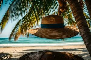 uma chapéu suspensão a partir de uma Palma árvore em a de praia. gerado por IA foto
