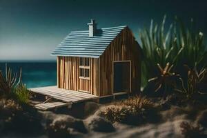 uma miniatura de madeira casa em a de praia. gerado por IA foto