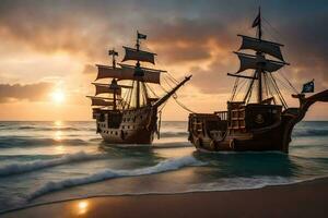 dois pirata navios em a de praia às pôr do sol. gerado por IA foto