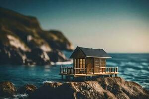 uma miniatura casa em uma Rocha de a oceano. gerado por IA foto