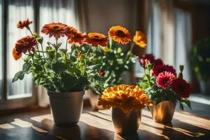 flores dentro panelas em uma mesa. gerado por IA foto