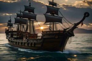 uma pirata navio Navegando dentro a oceano às pôr do sol. gerado por IA foto