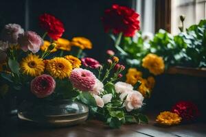 flores dentro uma vaso em uma peitoril da janela. gerado por IA foto