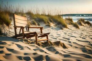 uma cadeira senta em a areia às a de praia. gerado por IA foto