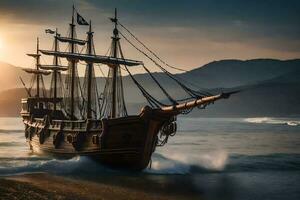 uma pirata navio é Navegando em a oceano às pôr do sol. gerado por IA foto