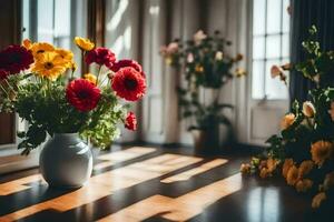 flores dentro uma vaso em uma de madeira chão. gerado por IA foto