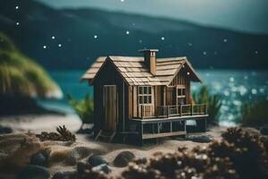 uma miniatura de madeira casa em a de praia às noite. gerado por IA foto