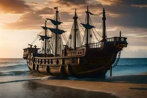 uma pirata navio é em a de praia às pôr do sol. gerado por IA foto