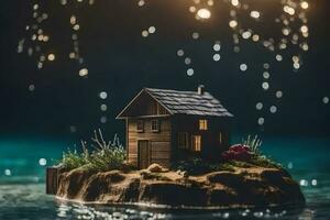 uma miniatura casa em a ilha dentro a água com fogos de artifício. gerado por IA foto