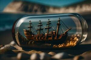 uma navio dentro uma garrafa em a de praia. gerado por IA foto