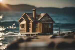 uma miniatura casa em a de praia às pôr do sol. gerado por IA foto