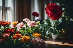 flores dentro panelas em uma peitoril da janela. gerado por IA foto