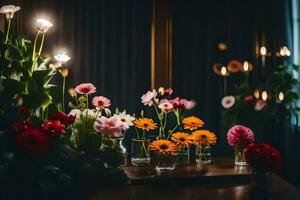 flores dentro vasos em uma mesa dentro frente do velas. gerado por IA foto