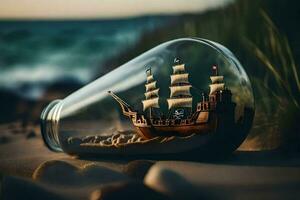 uma navio dentro uma vidro garrafa em a de praia. gerado por IA foto
