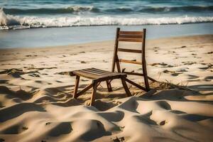 uma cadeira senta em a areia perto a oceano. gerado por IA foto