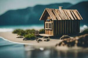 uma miniatura de madeira casa em a de praia. gerado por IA foto
