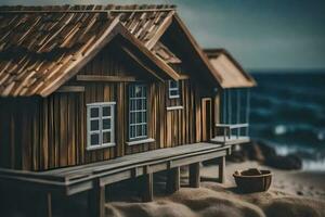 uma miniatura de madeira casa em a de praia. gerado por IA foto