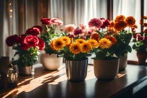 flores dentro panelas em uma mesa. gerado por IA foto