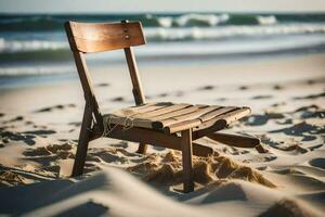 uma cadeira sentado em a de praia com ondas dentro a fundo. gerado por IA foto
