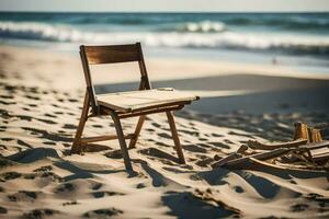 uma cadeira sentado em a areia perto a oceano. gerado por IA foto