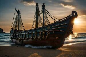 uma navio em a de praia às pôr do sol. gerado por IA foto